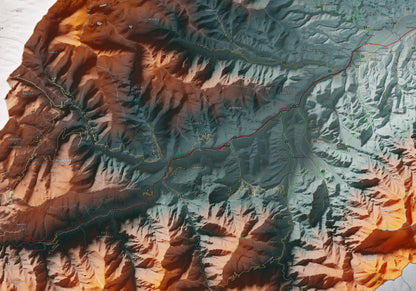 Mapa de relleu del Conflent, amb el territori en color i l’entorn en blanc. Detall de la part central. 70 × 100 cm. Estil Contrastat.