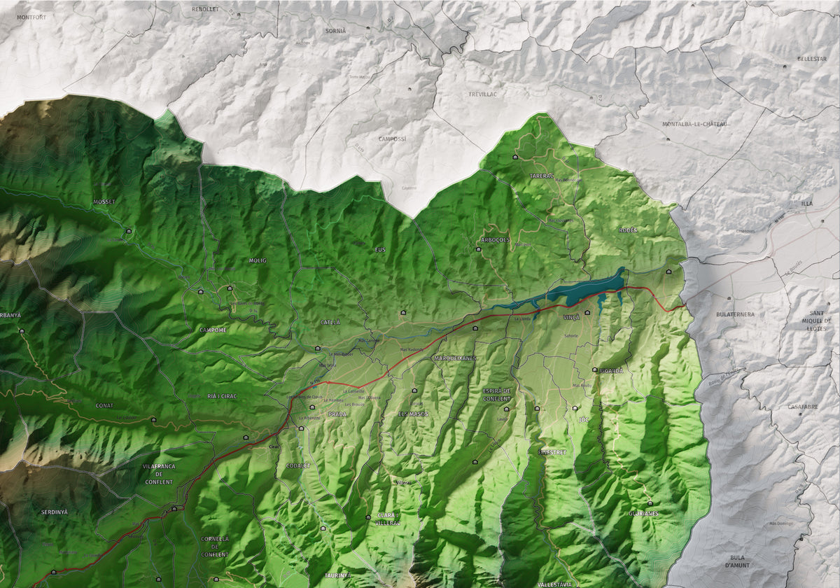 Mapa de relleu del Conflent, amb el territori en color i l’entorn en blanc. Detall de la part superior dreta. 70 × 100 cm. Estil Clàssic.