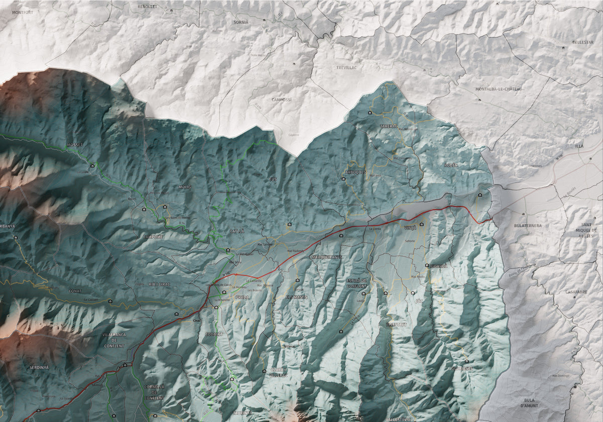 Mapa de relleu del Conflent, amb el territori en color i l’entorn en blanc. Detall de la part superior dreta. 70 × 100 cm. Estil Contrastat.