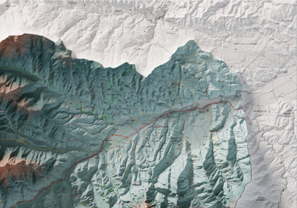 Mapa de relleu del Conflent, amb el territori en color i l’entorn en blanc. Detall de la part superior dreta. 70 × 100 cm. Estil Contrastat.