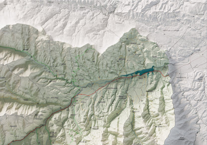 Mapa de relleu del Conflent, amb el territori en color i l’entorn en blanc. Detall de la part superior dreta. 70 × 100 cm. Estil Cartogràfic.