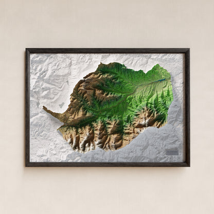 Mapa de relleu del Conflent, amb el territori en color i l’entorn en blanc. Presentació amb marc. 70 × 100 cm. Estil Clàssic.