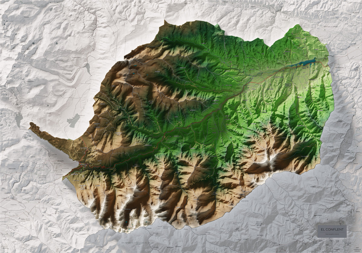 Mapa de relleu del Conflent, amb el territori en color i l’entorn en blanc. Vista completa de la làmina. 70 × 100 cm. Estil Clàssic.