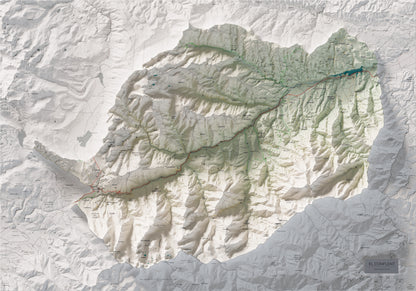 Mapa de relleu del Conflent, amb el territori en color i l’entorn en blanc. Vista completa de la làmina. 70 × 100 cm. Estil Cartogràfic.