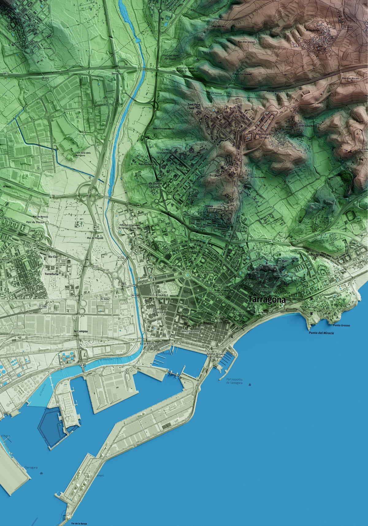 Mapa artístico del relieve de Constantí, al Tarragonès, con 15 km de entorno y base topográfica ICGC. Detalle de la zona inferior derecha.