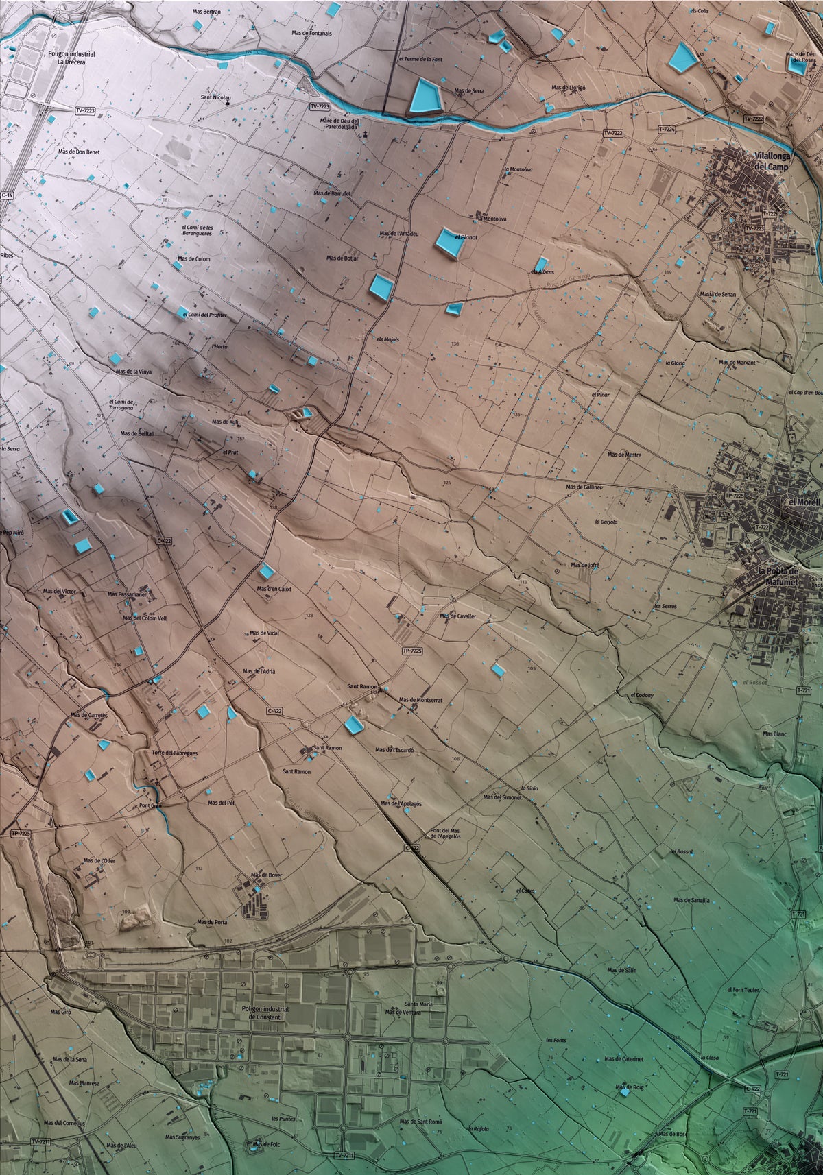 Mapa artístico del relieve de Constantí, al Tarragonès, con 15 km de entorno y base topográfica ICGC. Detalle de la zona superior izquierda.