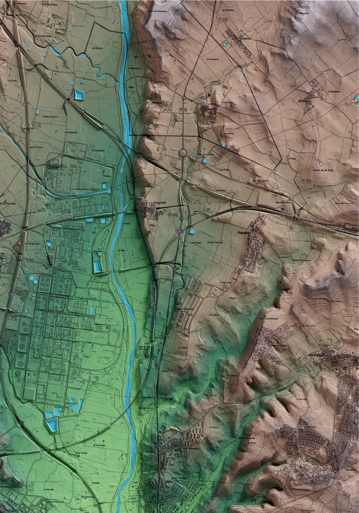 Mapa artístico del relieve de Constantí, al Tarragonès, con 15 km de entorno y base topográfica ICGC. Detalle de la zona superior derecha.