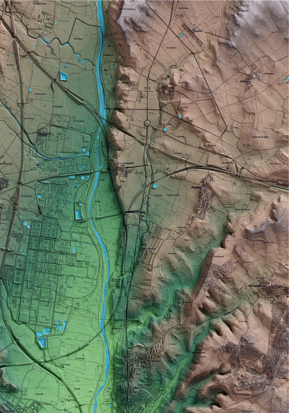 Mapa artístico del relieve de Constantí, al Tarragonès, con 15 km de entorno y base topográfica ICGC. Detalle de la zona superior derecha.