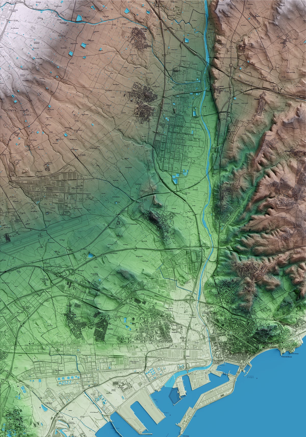 Mapa artístico del relieve de Constantí, al Tarragonès, con 15 km de entorno y base topográfica ICGC