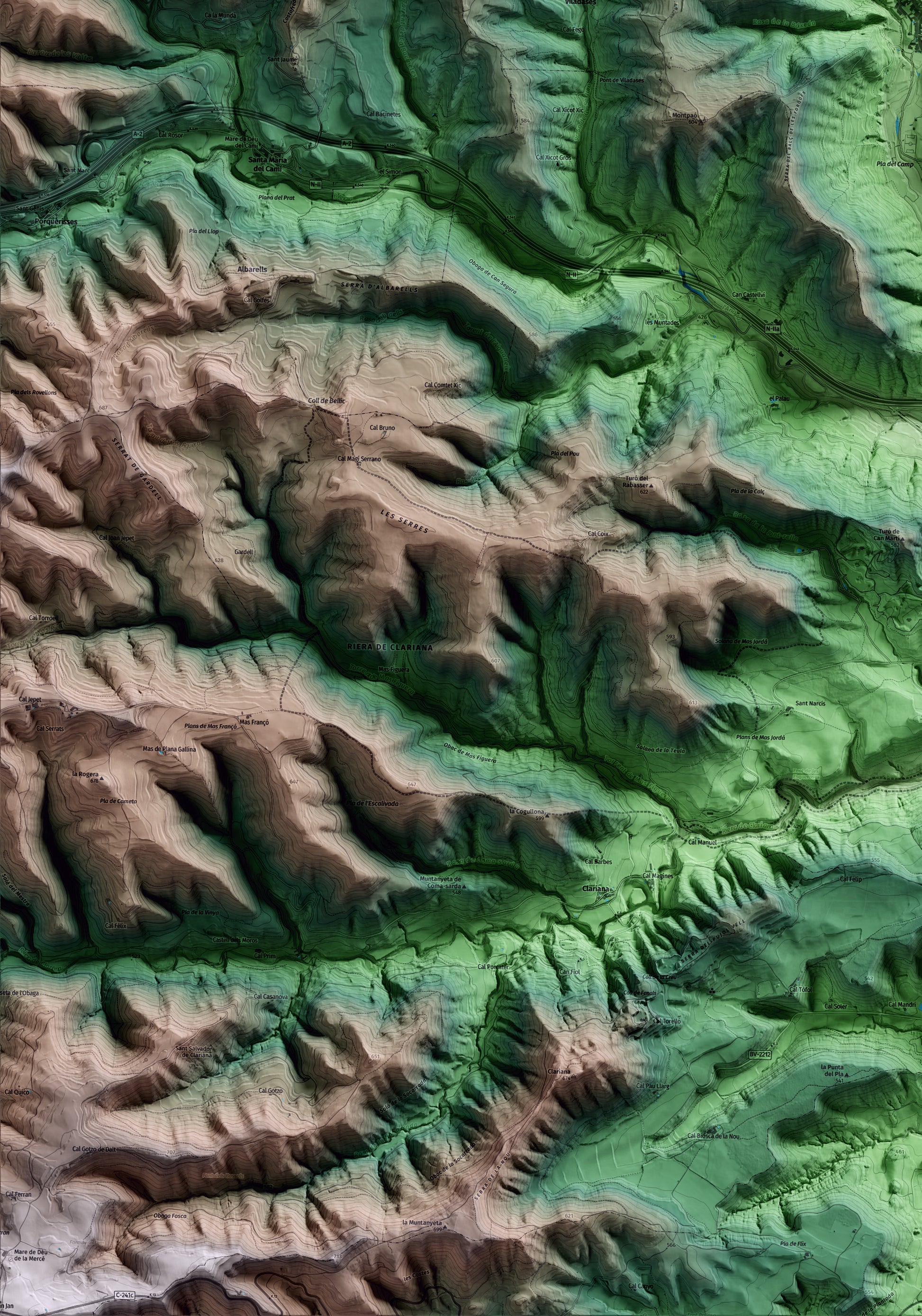 Mapa artístico del relieve de Copons, al Anoia, con 15 km de entorno y base topográfica ICGC. Detalle de la zona inferior izquierda.