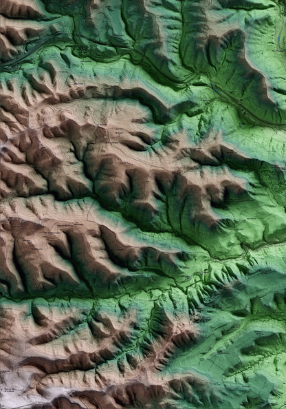 Mapa artístico del relieve de Copons, al Anoia, con 15 km de entorno y base topográfica ICGC. Detalle de la zona inferior izquierda.