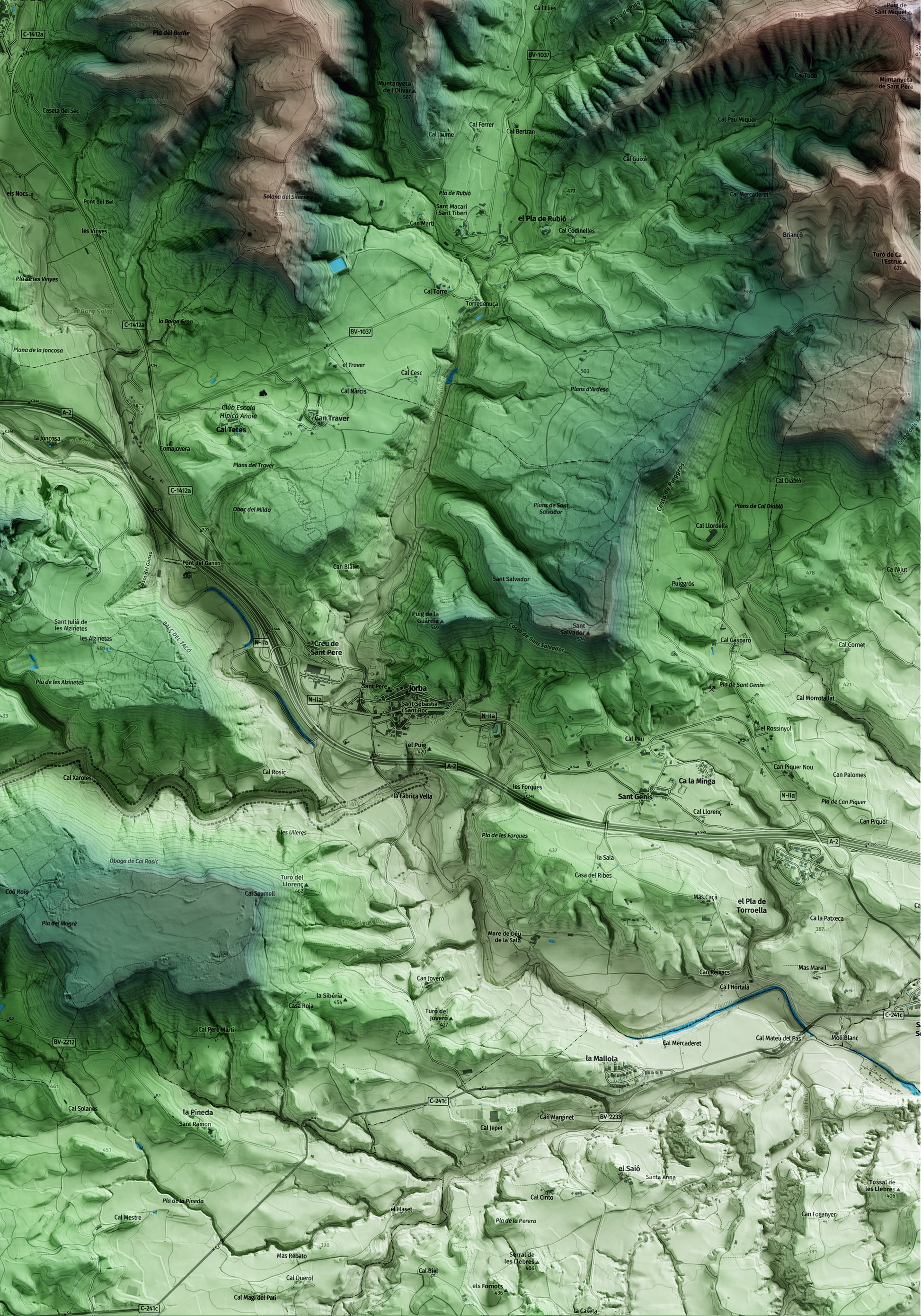 Mapa artístico del relieve de Copons, al Anoia, con 15 km de entorno y base topográfica ICGC. Detalle de la zona inferior derecha.