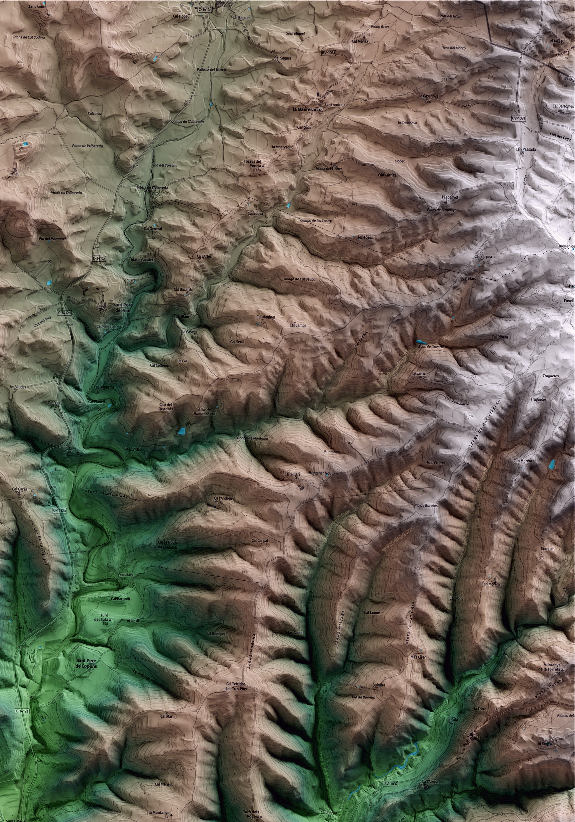 Mapa artístico del relieve de Copons, al Anoia, con 15 km de entorno y base topográfica ICGC. Detalle de la zona superior derecha.