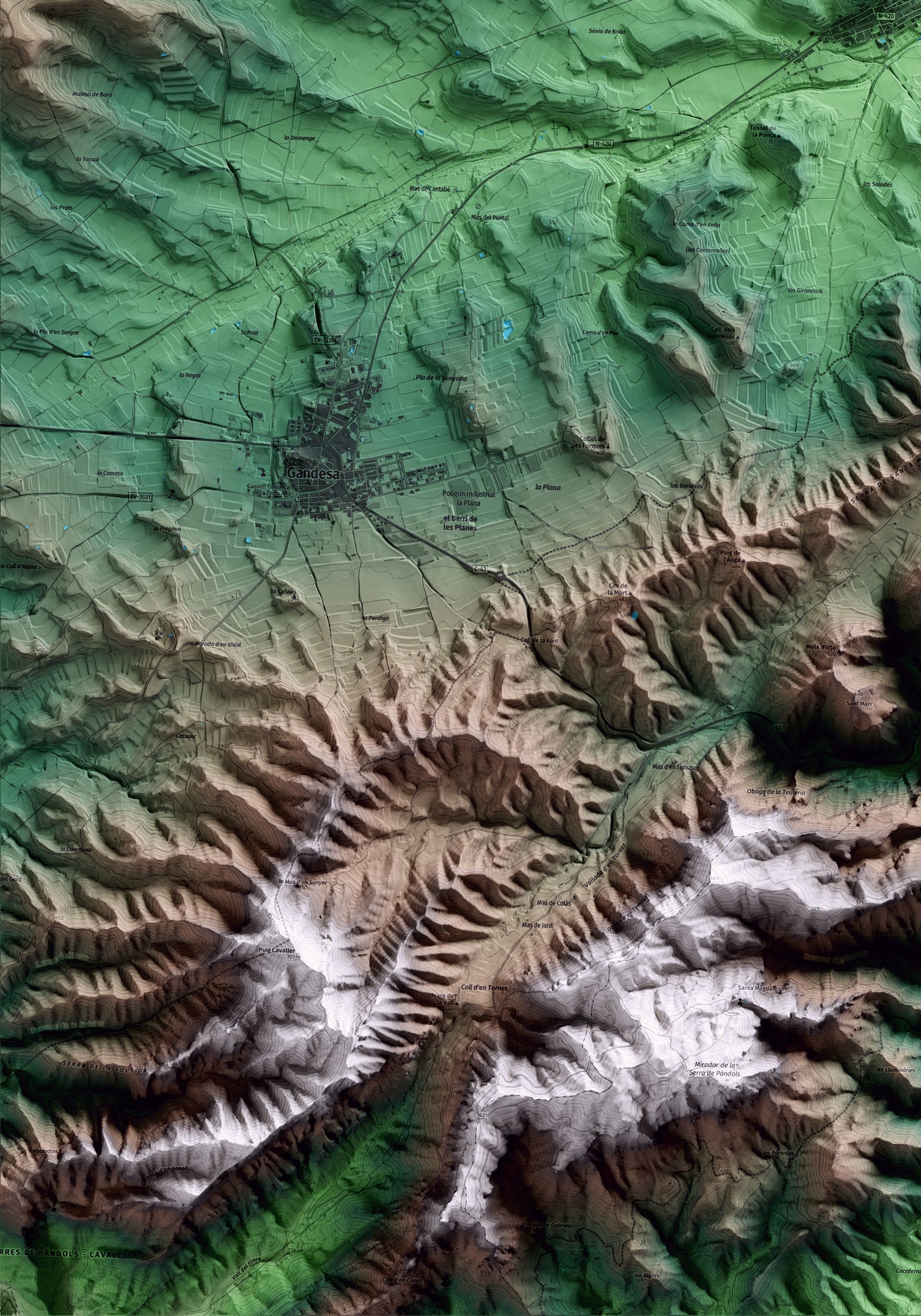 Mapa artístico del relieve de Corbera d'Ebre, a la Terra Alta, con 15 km de entorno y base topográfica ICGC. Detalle de la zona inferior izquierda.