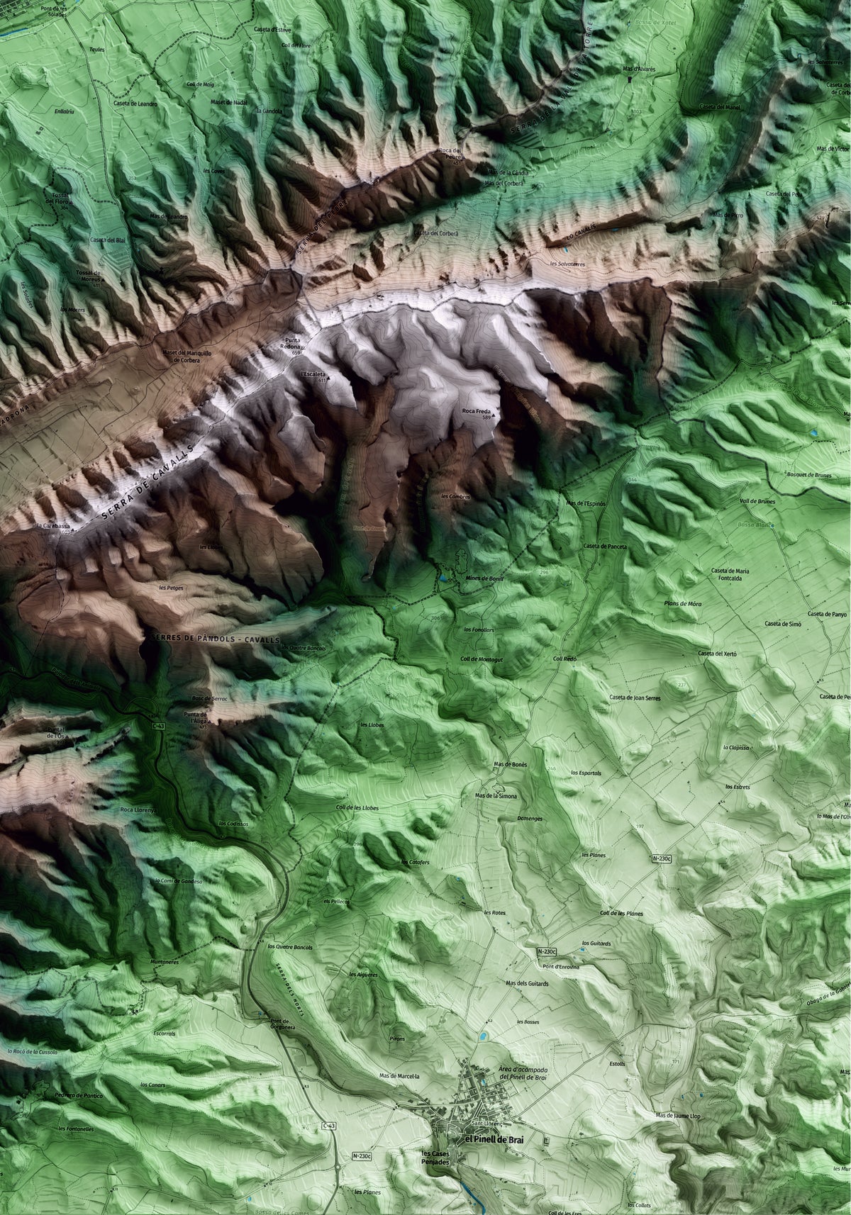 Mapa artístico del relieve de Corbera d'Ebre, a la Terra Alta, con 15 km de entorno y base topográfica ICGC. Detalle de la zona inferior derecha.