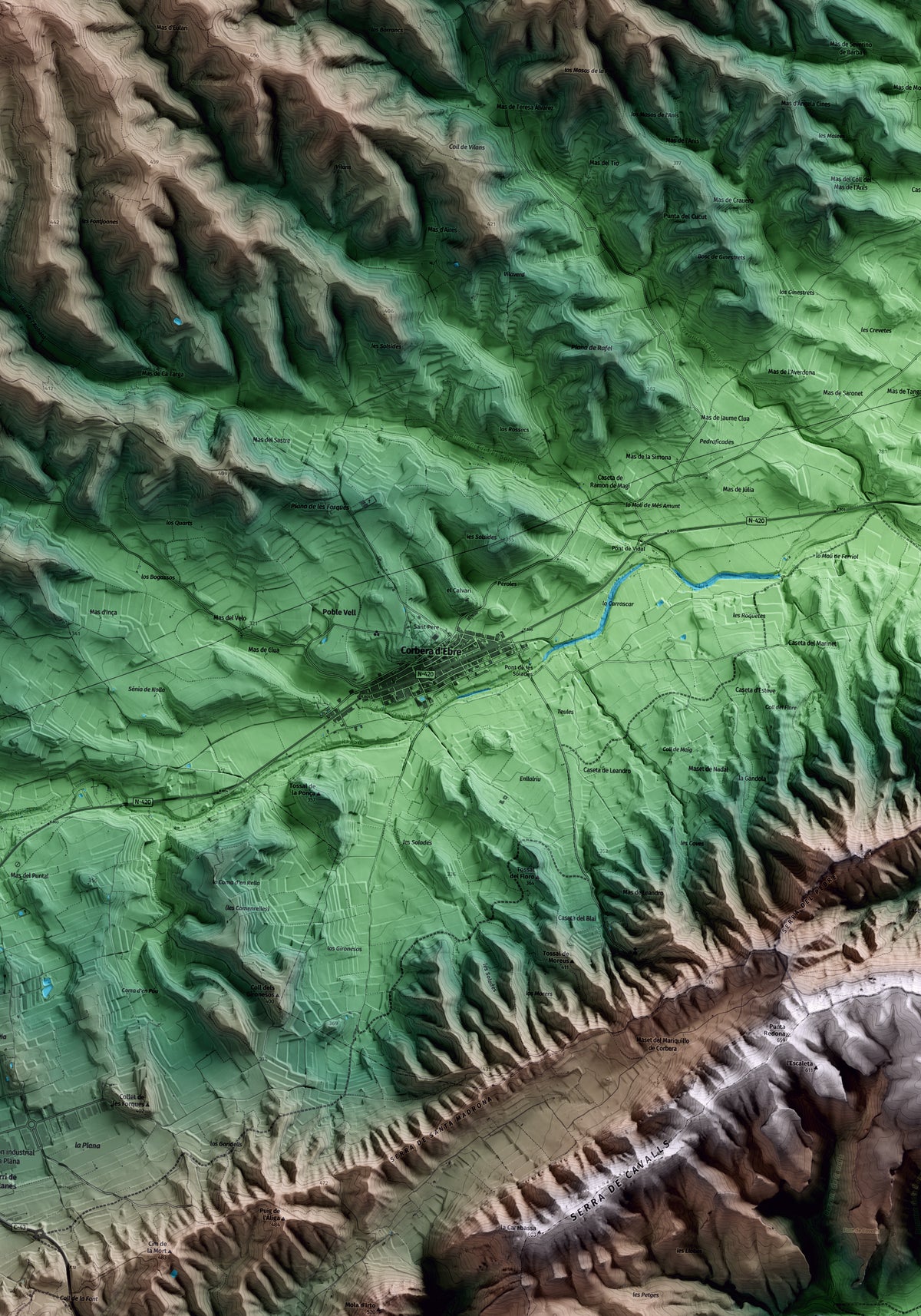 Mapa artístico del relieve de Corbera d'Ebre, a la Terra Alta, con 15 km de entorno y base topográfica ICGC. Detalle de la zona central.