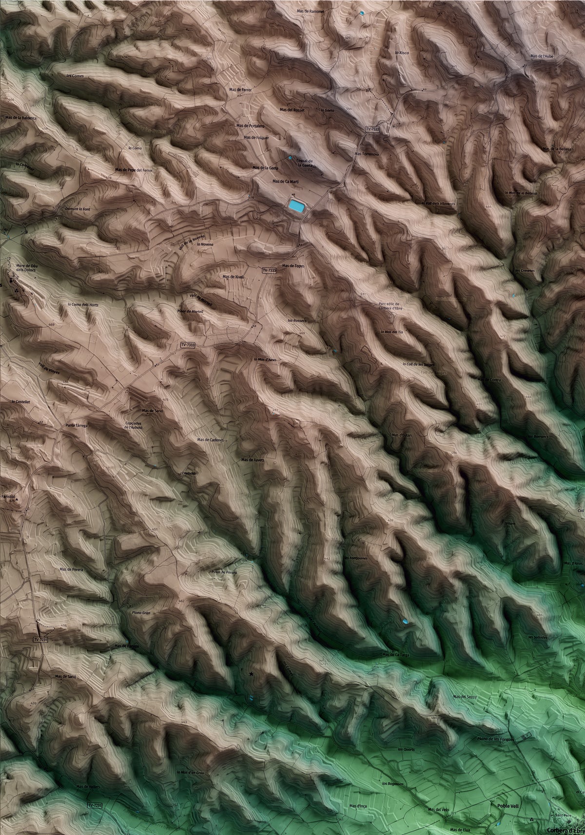 Mapa artístico del relieve de Corbera d'Ebre, a la Terra Alta, con 15 km de entorno y base topográfica ICGC. Detalle de la zona superior izquierda.