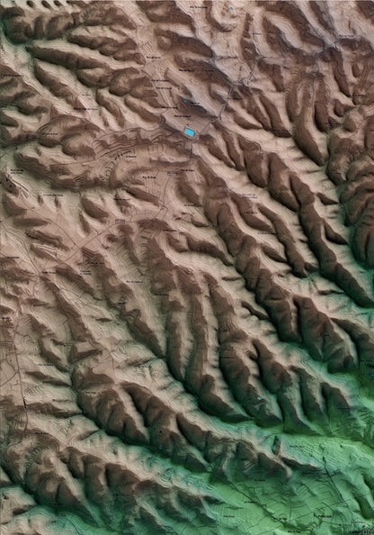Mapa artístico del relieve de Corbera d'Ebre, a la Terra Alta, con 15 km de entorno y base topográfica ICGC. Detalle de la zona superior izquierda.