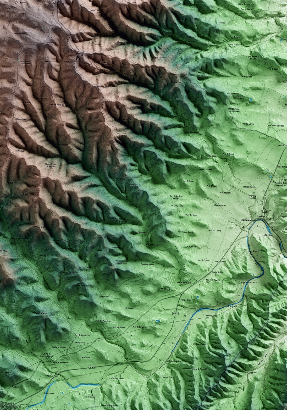 Mapa artístico del relieve de Corbera d'Ebre, a la Terra Alta, con 15 km de entorno y base topográfica ICGC. Detalle de la zona superior derecha.