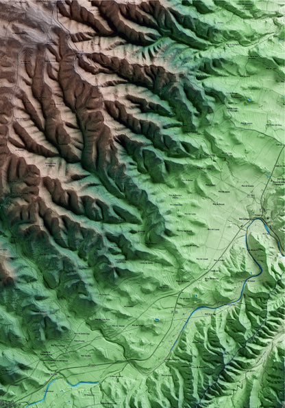 Mapa artístico del relieve de Corbera d'Ebre, a la Terra Alta, con 15 km de entorno y base topográfica ICGC. Detalle de la zona superior derecha.