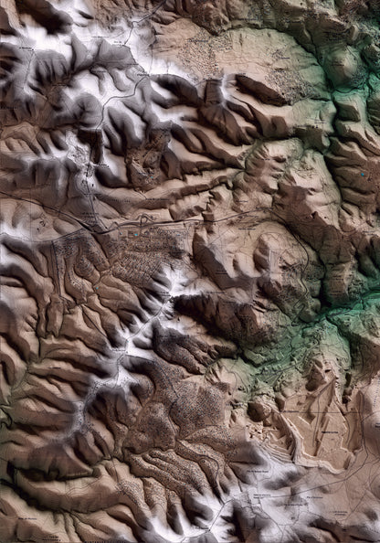 Mapa artístico del relieve de Corbera de Llobregat, al Baix Llobregat, con 15 km de entorno y base topográfica ICGC. Detalle de la zona inferior izquierda.
