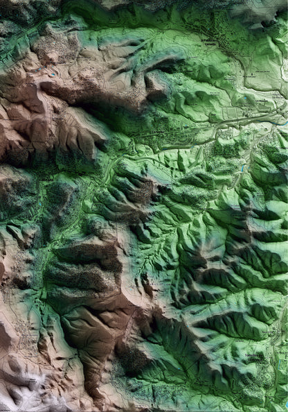 Mapa artístico del relieve de Corbera de Llobregat, al Baix Llobregat, con 15 km de entorno y base topográfica ICGC. Detalle de la zona inferior derecha.