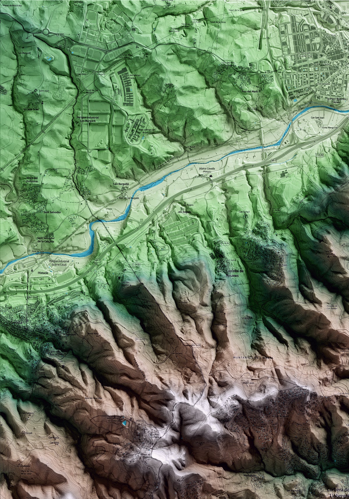 Mapa artístico del relieve de Corbera de Llobregat, al Baix Llobregat, con 15 km de entorno y base topográfica ICGC. Detalle de la zona superior izquierda.