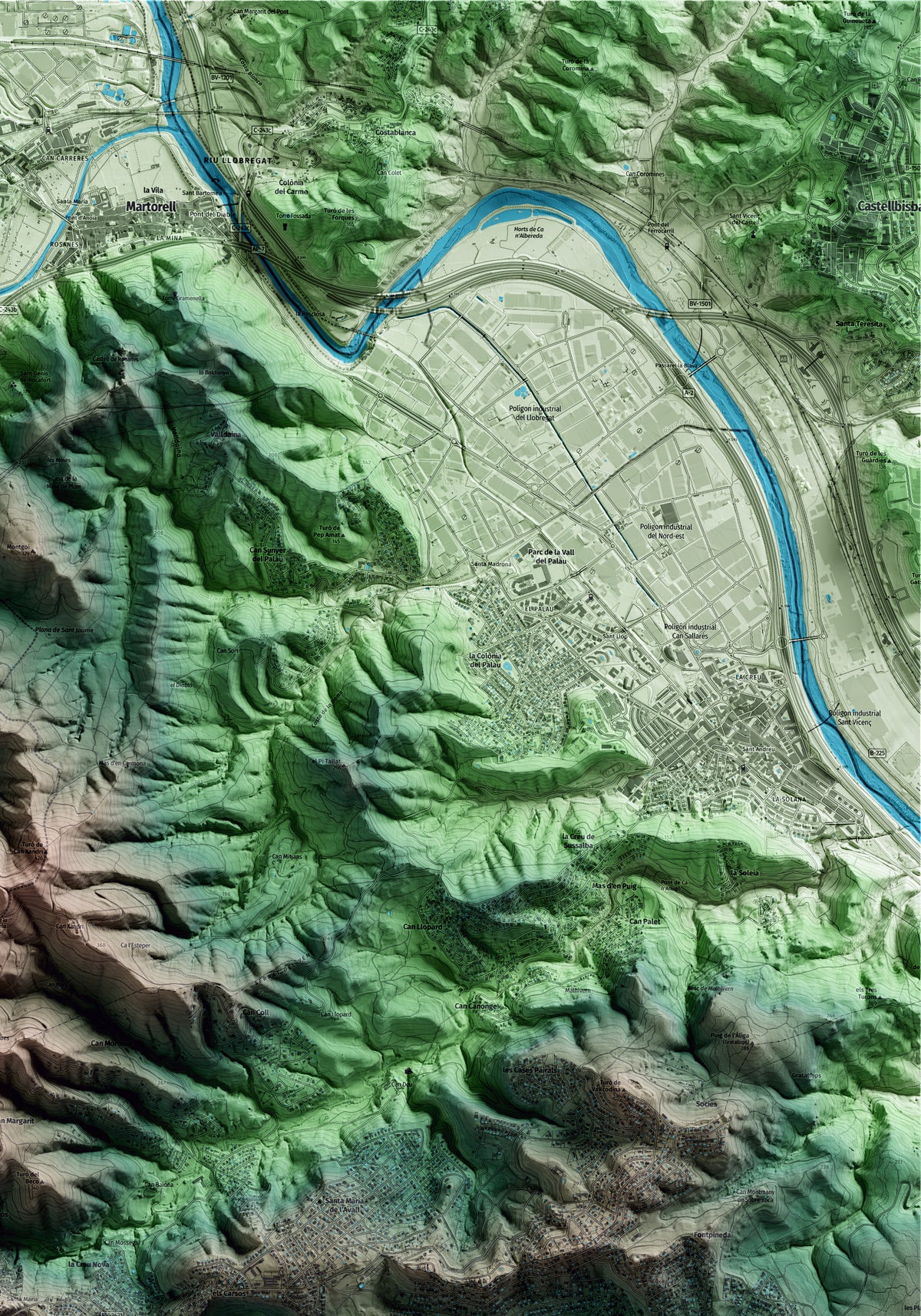 Mapa artístico del relieve de Corbera de Llobregat, al Baix Llobregat, con 15 km de entorno y base topográfica ICGC. Detalle de la zona superior derecha.