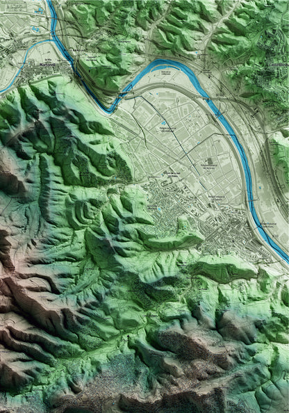 Mapa artístico del relieve de Corbera de Llobregat, al Baix Llobregat, con 15 km de entorno y base topográfica ICGC. Detalle de la zona superior derecha.