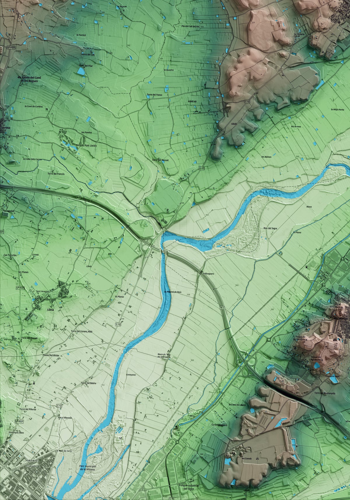 Mapa artístico del relieve de Corbins, al Segrià, con 15 km de entorno y base topográfica ICGC. Detalle de la zona inferior izquierda.