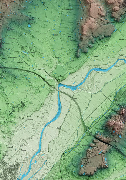 Mapa artístico del relieve de Corbins, al Segrià, con 15 km de entorno y base topográfica ICGC. Detalle de la zona inferior izquierda.