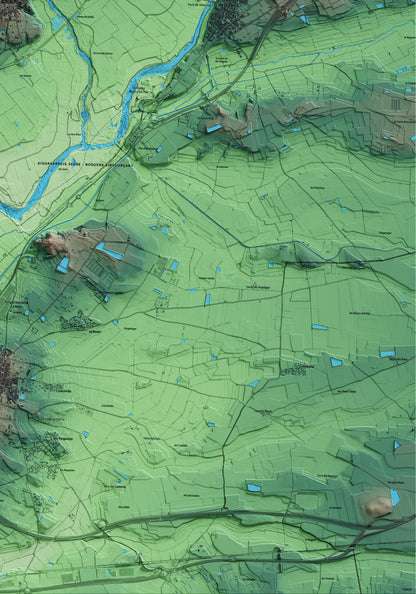Mapa artístico del relieve de Corbins, al Segrià, con 15 km de entorno y base topográfica ICGC. Detalle de la zona inferior derecha.