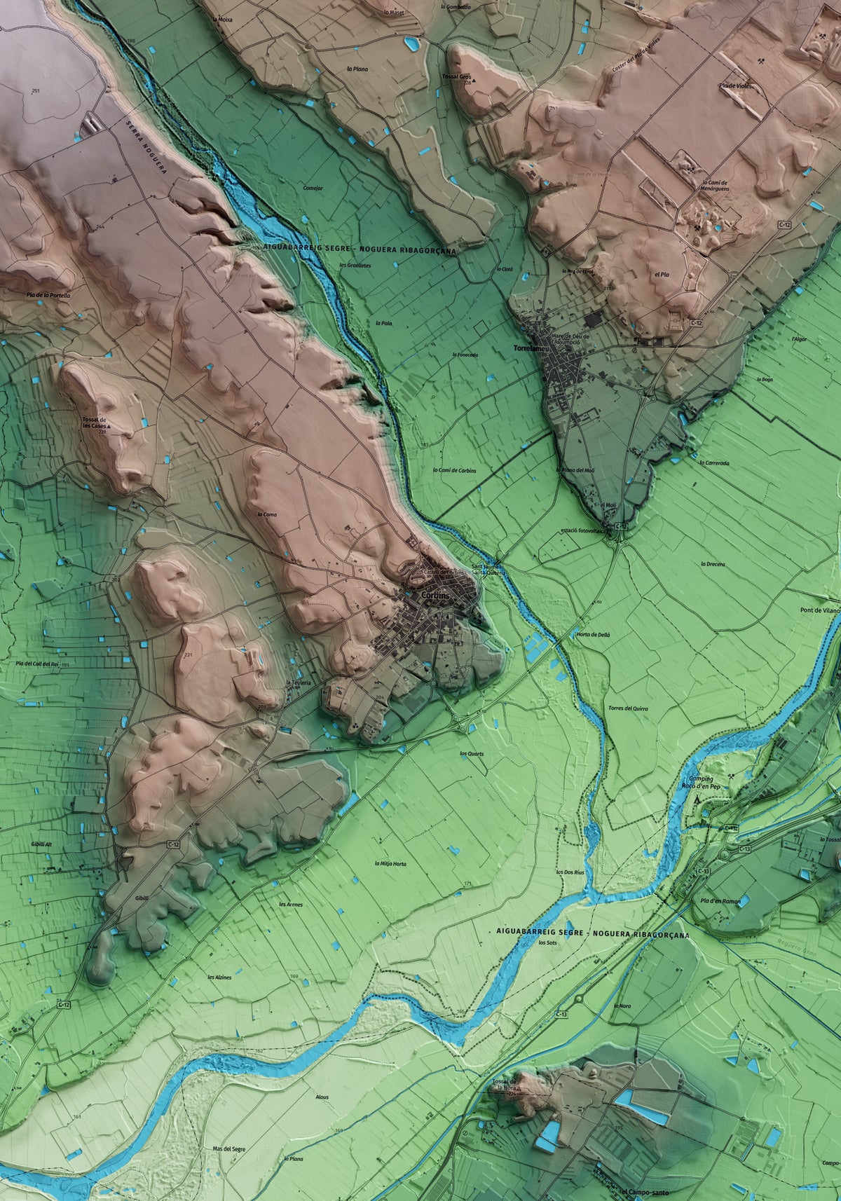 Mapa artístico del relieve de Corbins, al Segrià, con 15 km de entorno y base topográfica ICGC. Detalle de la zona central.