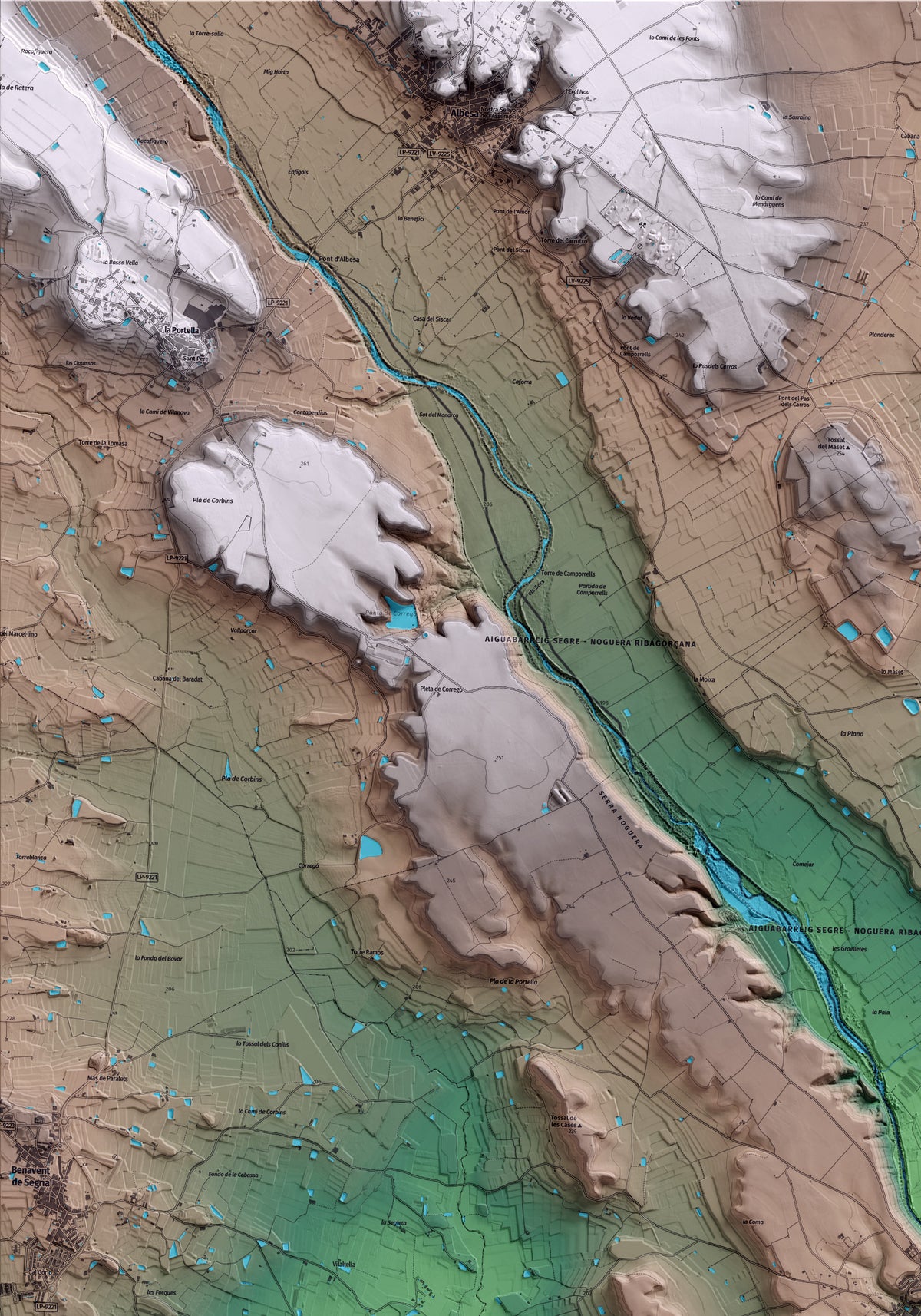 Mapa artístico del relieve de Corbins, al Segrià, con 15 km de entorno y base topográfica ICGC. Detalle de la zona superior izquierda.