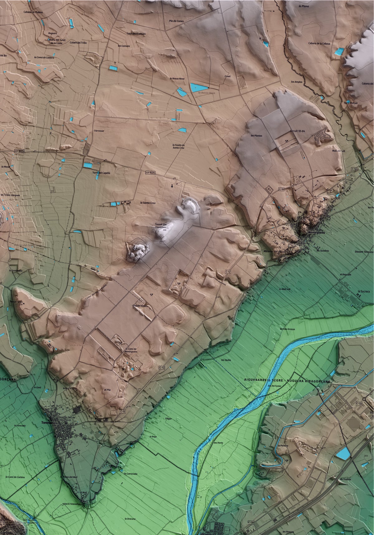 Mapa artístico del relieve de Corbins, al Segrià, con 15 km de entorno y base topográfica ICGC. Detalle de la zona superior derecha.