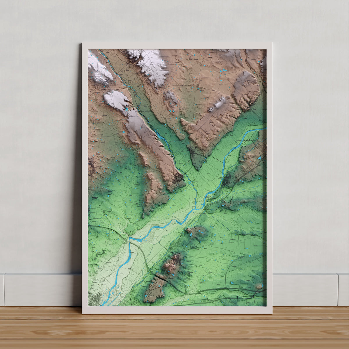 Mapa artístico del relieve de Corbins, al Segrià, con 15 km de entorno y base topográfica ICGC. Presentación enmarcada.