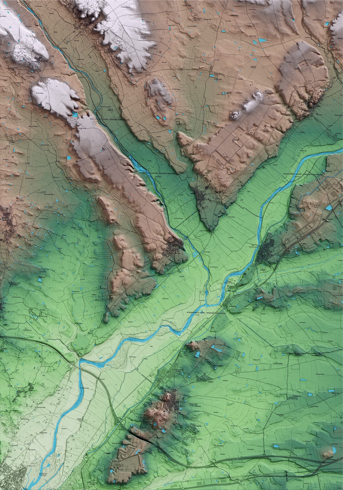 Mapa artístico del relieve de Corbins, al Segrià, con 15 km de entorno y base topográfica ICGC