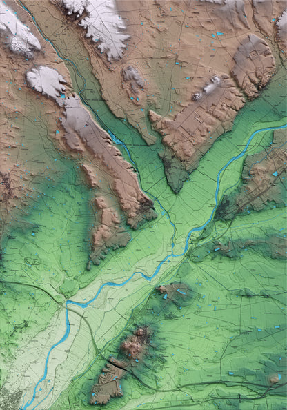 Mapa artístico del relieve de Corbins, al Segrià, con 15 km de entorno y base topográfica ICGC