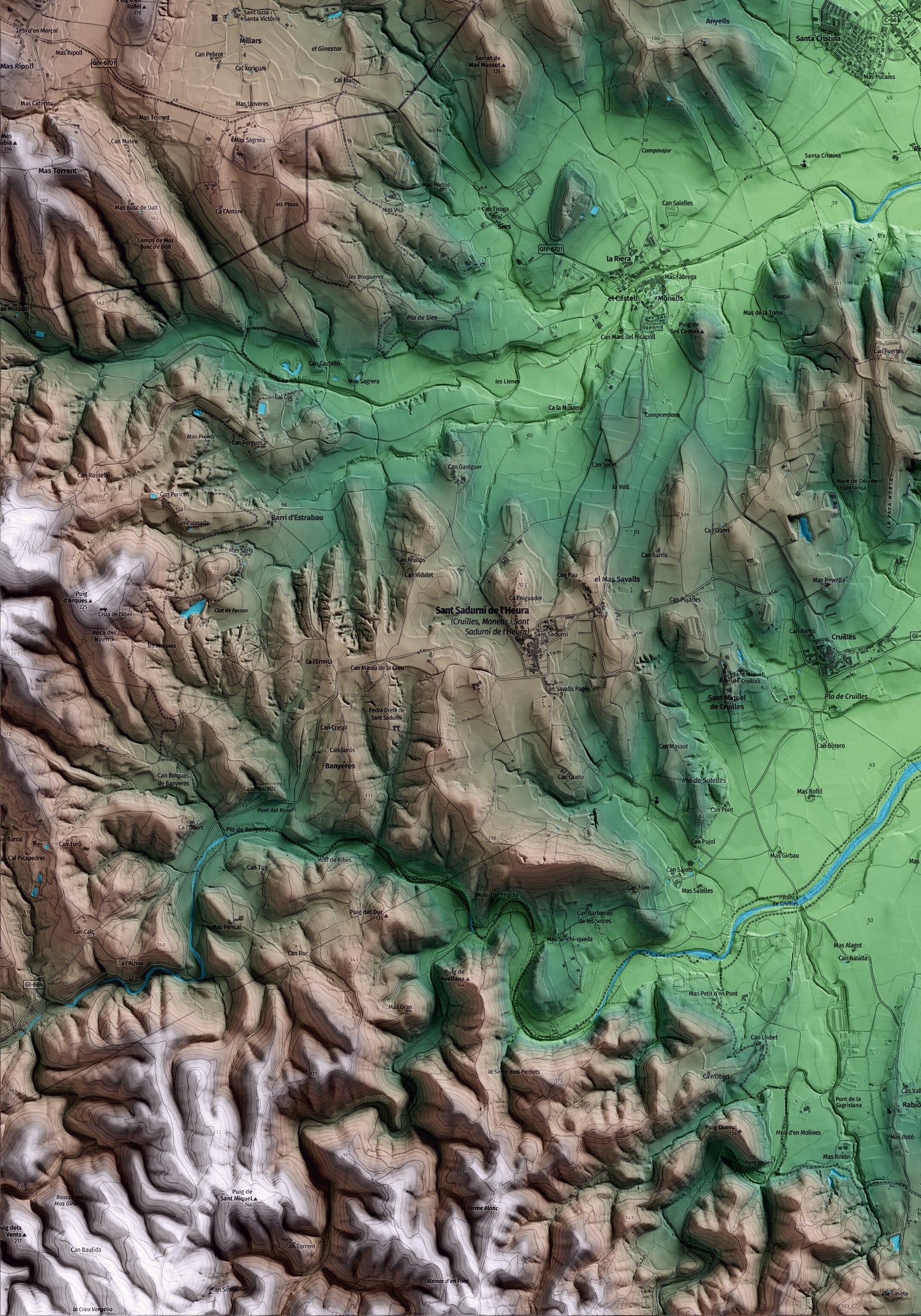 Mapa artístico del relieve de Corçà, al Baix Empordà, con 15 km de entorno y base topográfica ICGC. Detalle de la zona inferior izquierda.