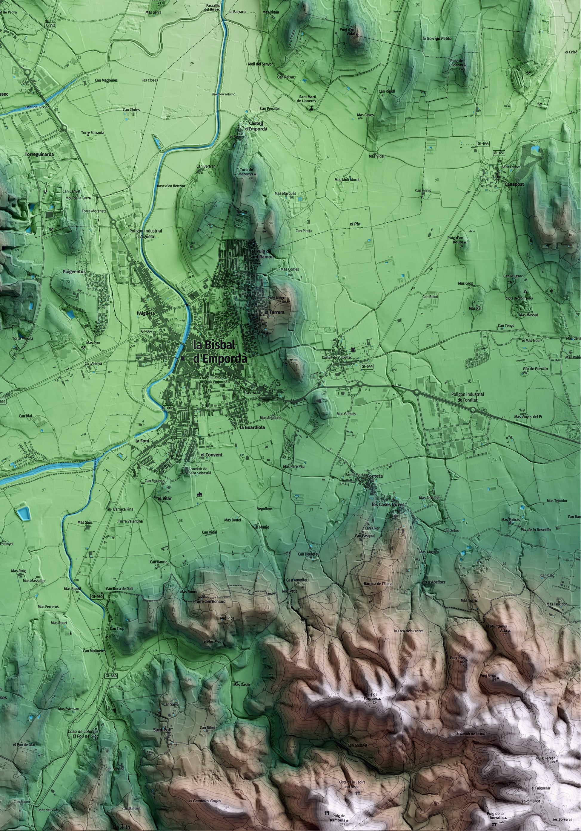 Mapa artístico del relieve de Corçà, al Baix Empordà, con 15 km de entorno y base topográfica ICGC. Detalle de la zona inferior derecha.