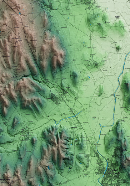 Mapa artístico del relieve de Corçà, al Baix Empordà, con 15 km de entorno y base topográfica ICGC. Detalle de la zona central.