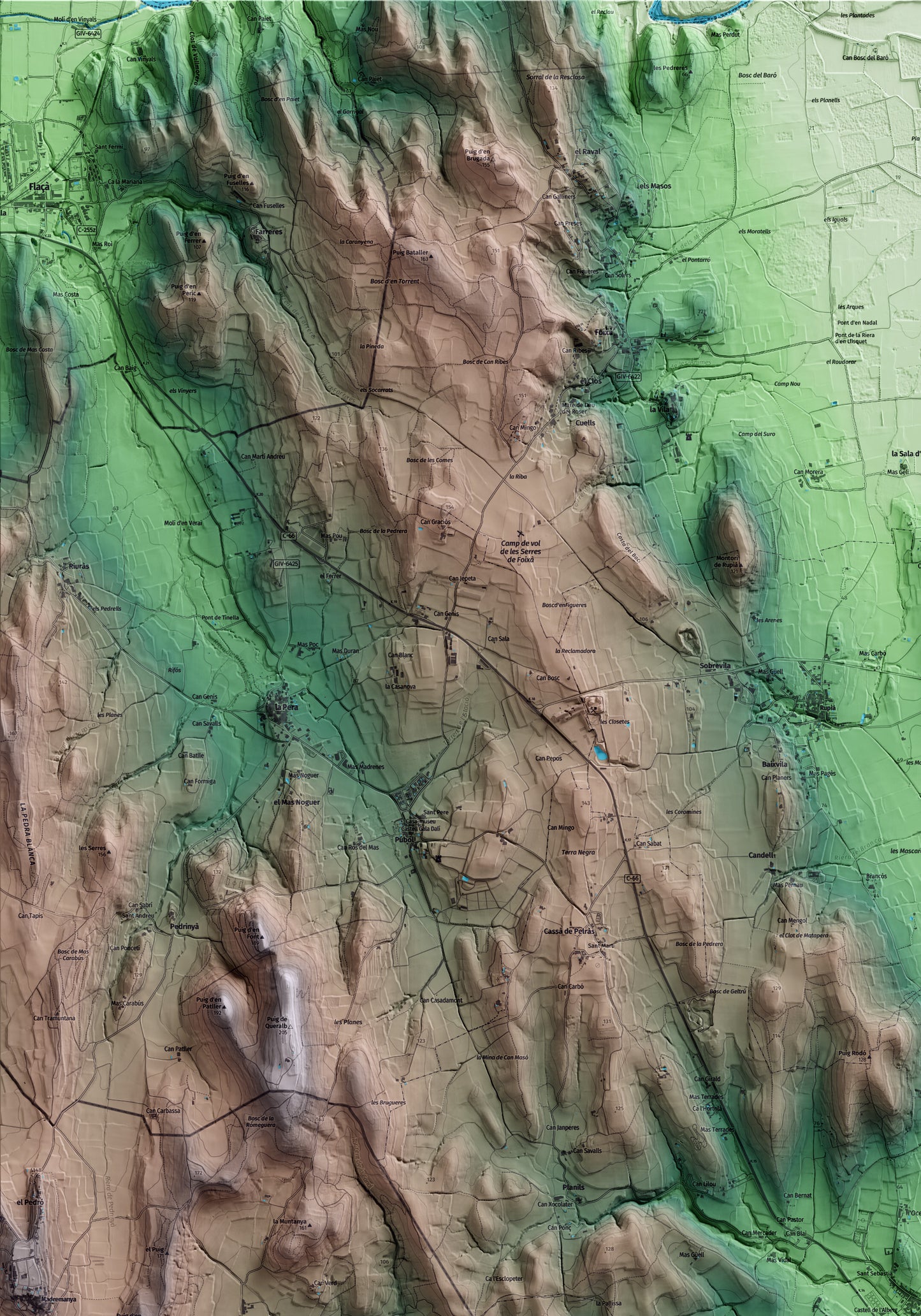 Mapa artístico del relieve de Corçà, al Baix Empordà, con 15 km de entorno y base topográfica ICGC. Detalle de la zona superior izquierda.
