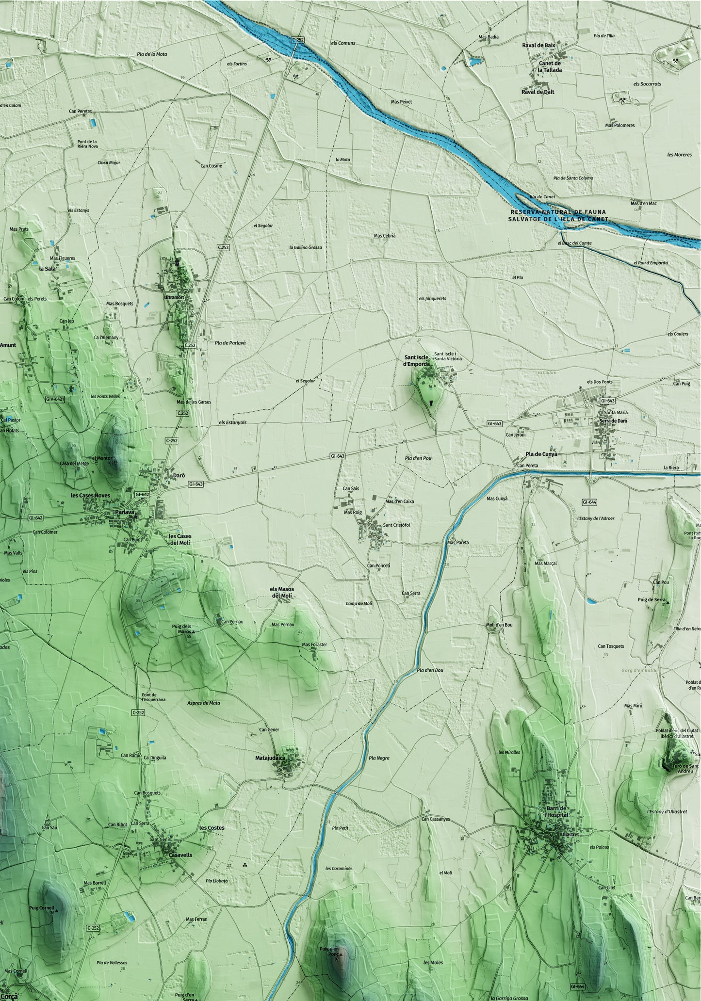 Mapa artístico del relieve de Corçà, al Baix Empordà, con 15 km de entorno y base topográfica ICGC. Detalle de la zona superior derecha.