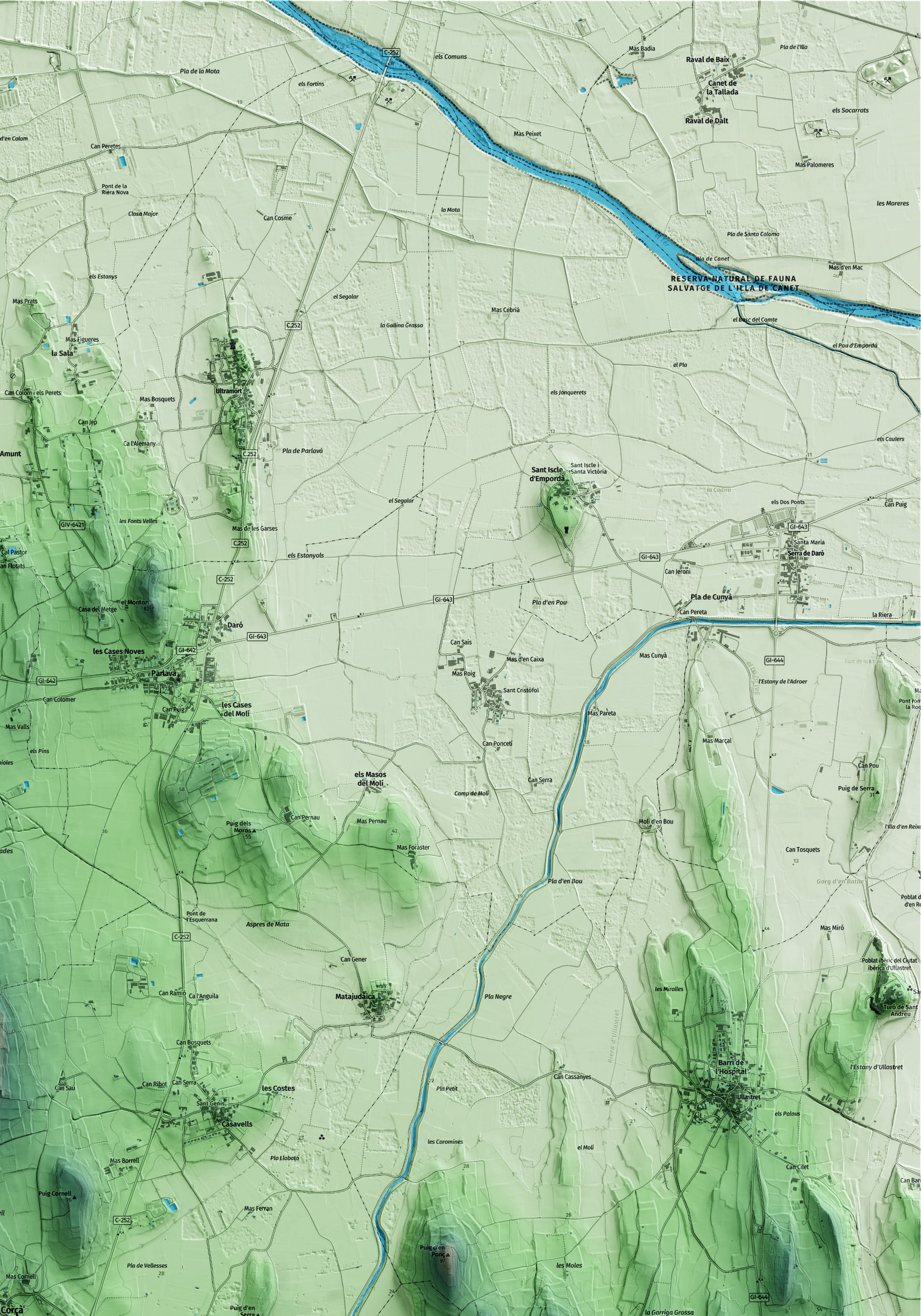 Mapa artístico del relieve de Corçà, al Baix Empordà, con 15 km de entorno y base topográfica ICGC. Detalle de la zona superior derecha.