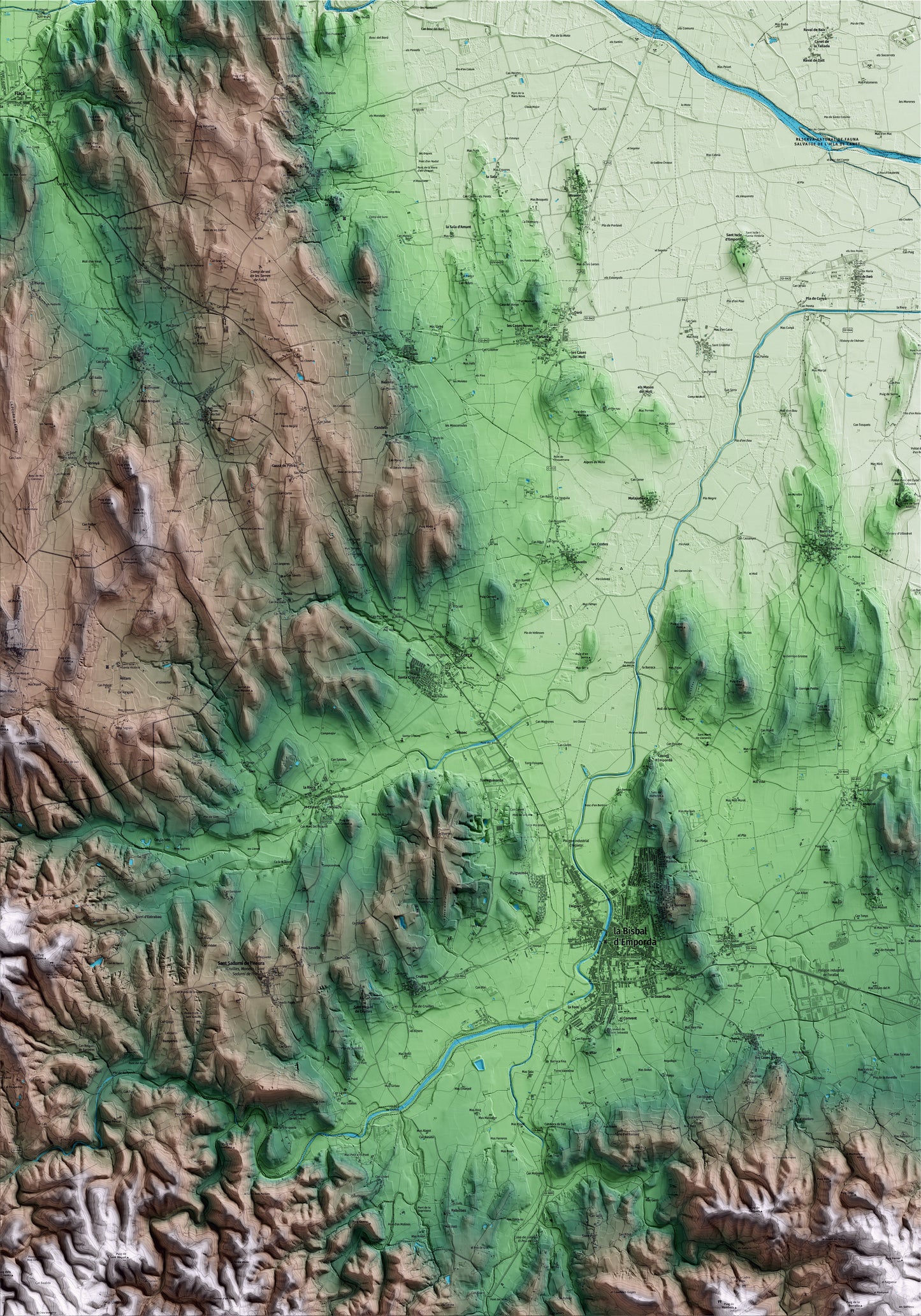Mapa artístico del relieve de Corçà, al Baix Empordà, con 15 km de entorno y base topográfica ICGC
