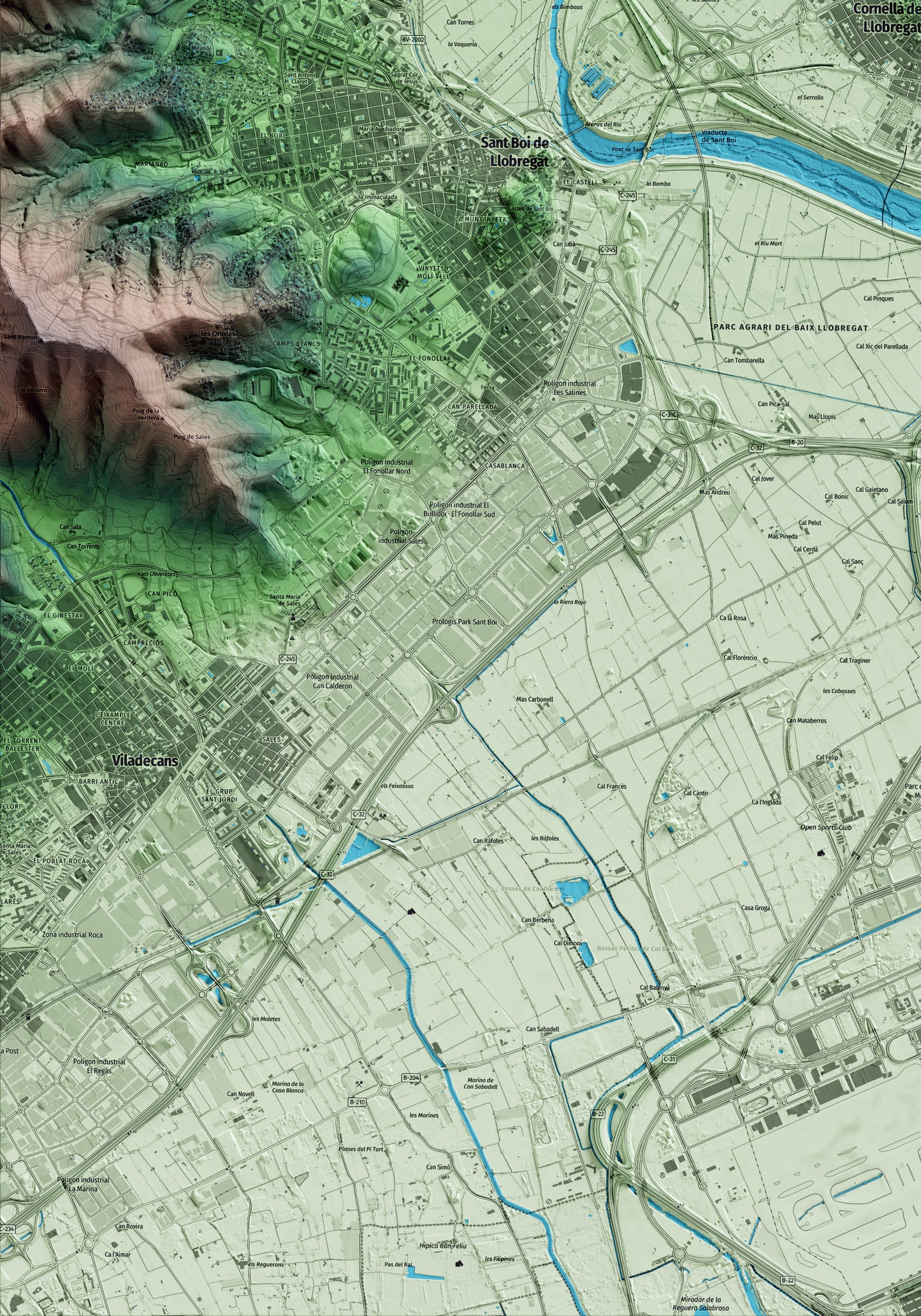 Mapa artístico del relieve de Cornellà de Llobregat, al Baix Llobregat, con 15 km de entorno y base topográfica ICGC. Detalle de la zona inferior izquierda.