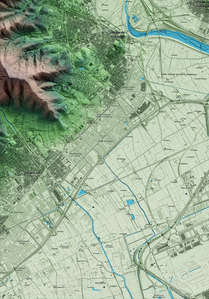 Mapa artístico del relieve de Cornellà de Llobregat, al Baix Llobregat, con 15 km de entorno y base topográfica ICGC. Detalle de la zona inferior izquierda.