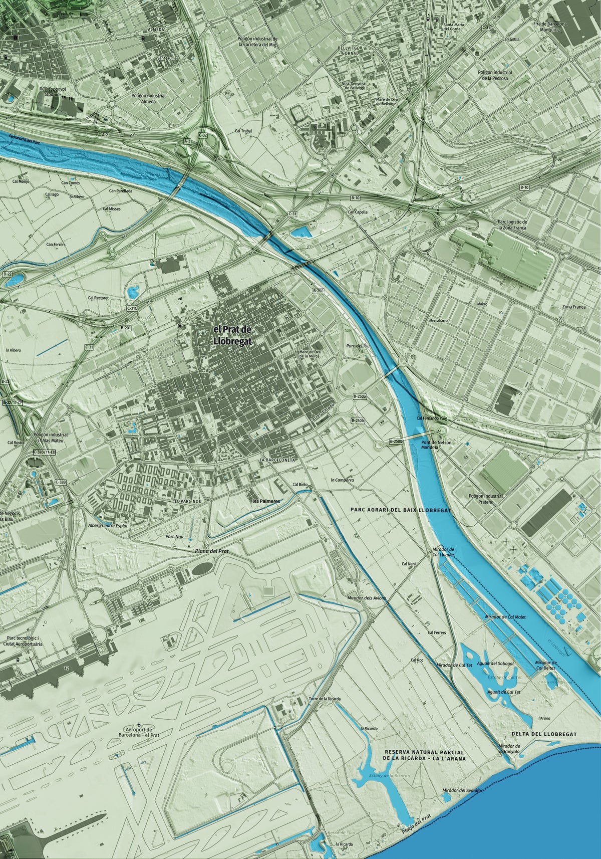 Mapa artístico del relieve de Cornellà de Llobregat, al Baix Llobregat, con 15 km de entorno y base topográfica ICGC. Detalle de la zona inferior derecha.
