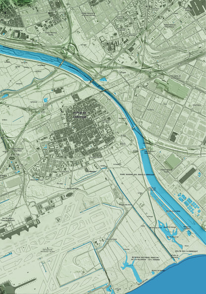 Mapa artístico del relieve de Cornellà de Llobregat, al Baix Llobregat, con 15 km de entorno y base topográfica ICGC. Detalle de la zona inferior derecha.