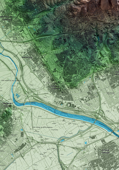Mapa artístico del relieve de Cornellà de Llobregat, al Baix Llobregat, con 15 km de entorno y base topográfica ICGC. Detalle de la zona central.